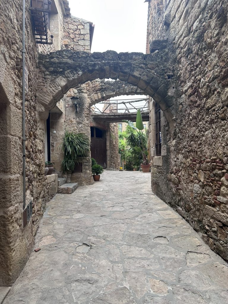 Calle estrecha y empedrada en el centro histórico de Pals, flanqueada por casas de piedra con balcones floridos.