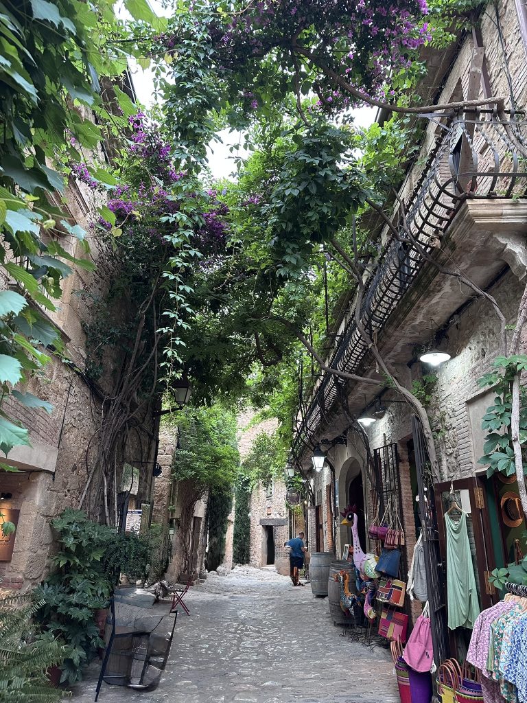 Calle estrecha y empedrada de Peratallada, con fachadas de piedra y pequeñas tiendas artesanales a ambos lados.
