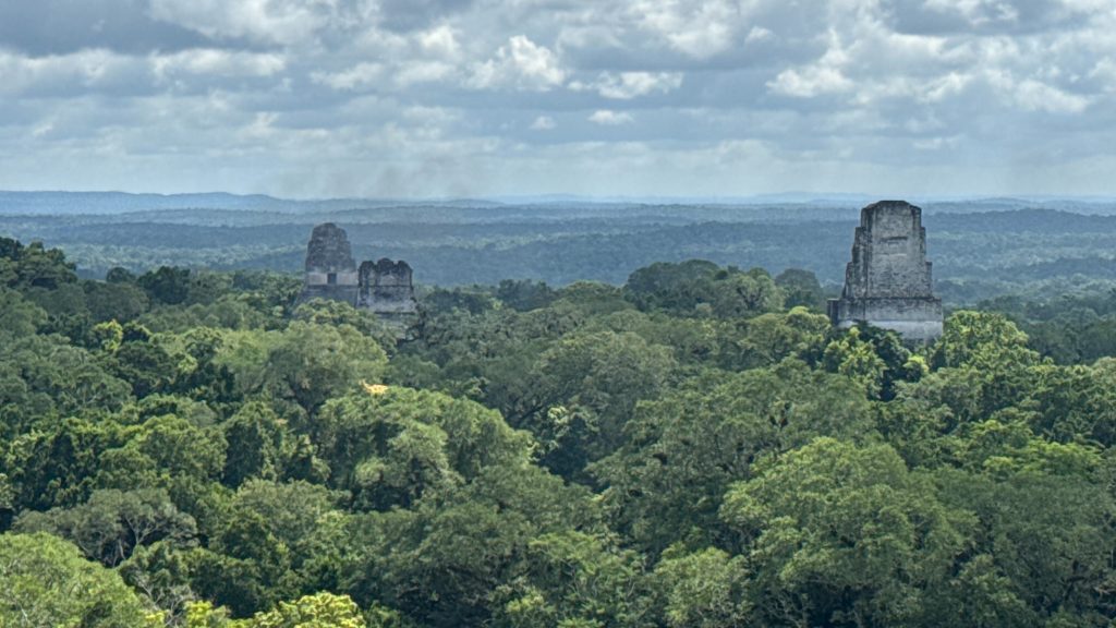 Una imagen de la Reserva Natural de Tikal, mostrando las ruinas Mayas entre la jungla