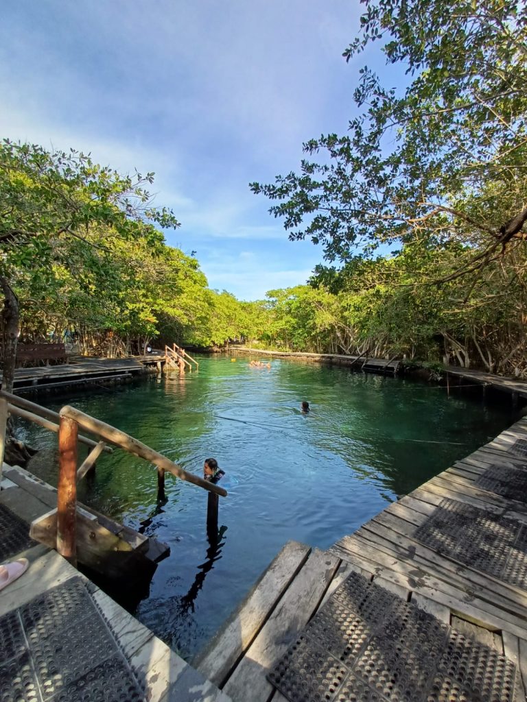 Cenote Yalahau rodeado de vegetación, con agua cristalina y muelle de madera en la Riviera Coral, cerca de Holbox